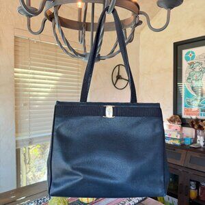 Salvatore Ferragamo Navy Lizard Embossed Leather Vara Bow Shoulder Tote, Vintage